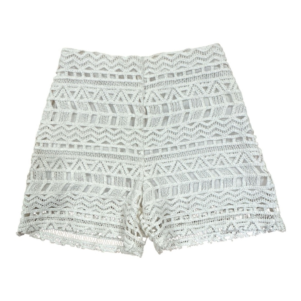 Rumer Ines Open Knit Crochet Lace High Waist Shorts Back Zipper Medium White
